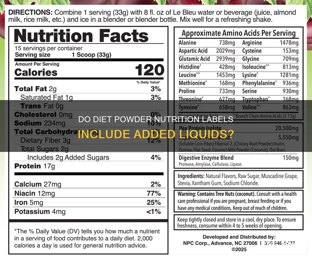 do nutrition labels on diet powders include the added liquid